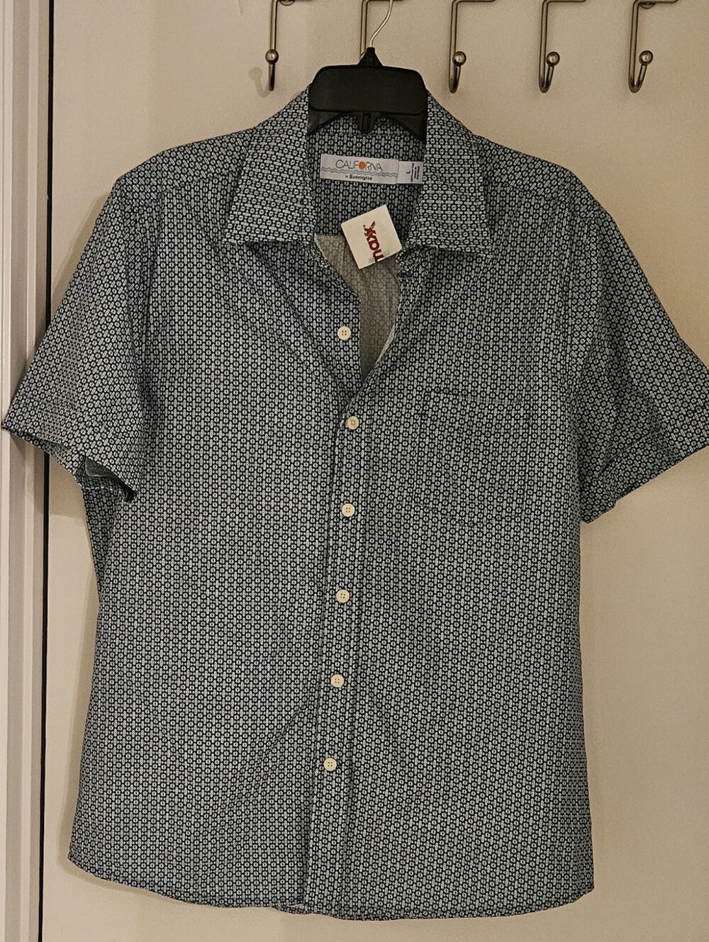 California by Bennington Mens Blue Geometric Printed Short Sleeve, L NWT Cotton